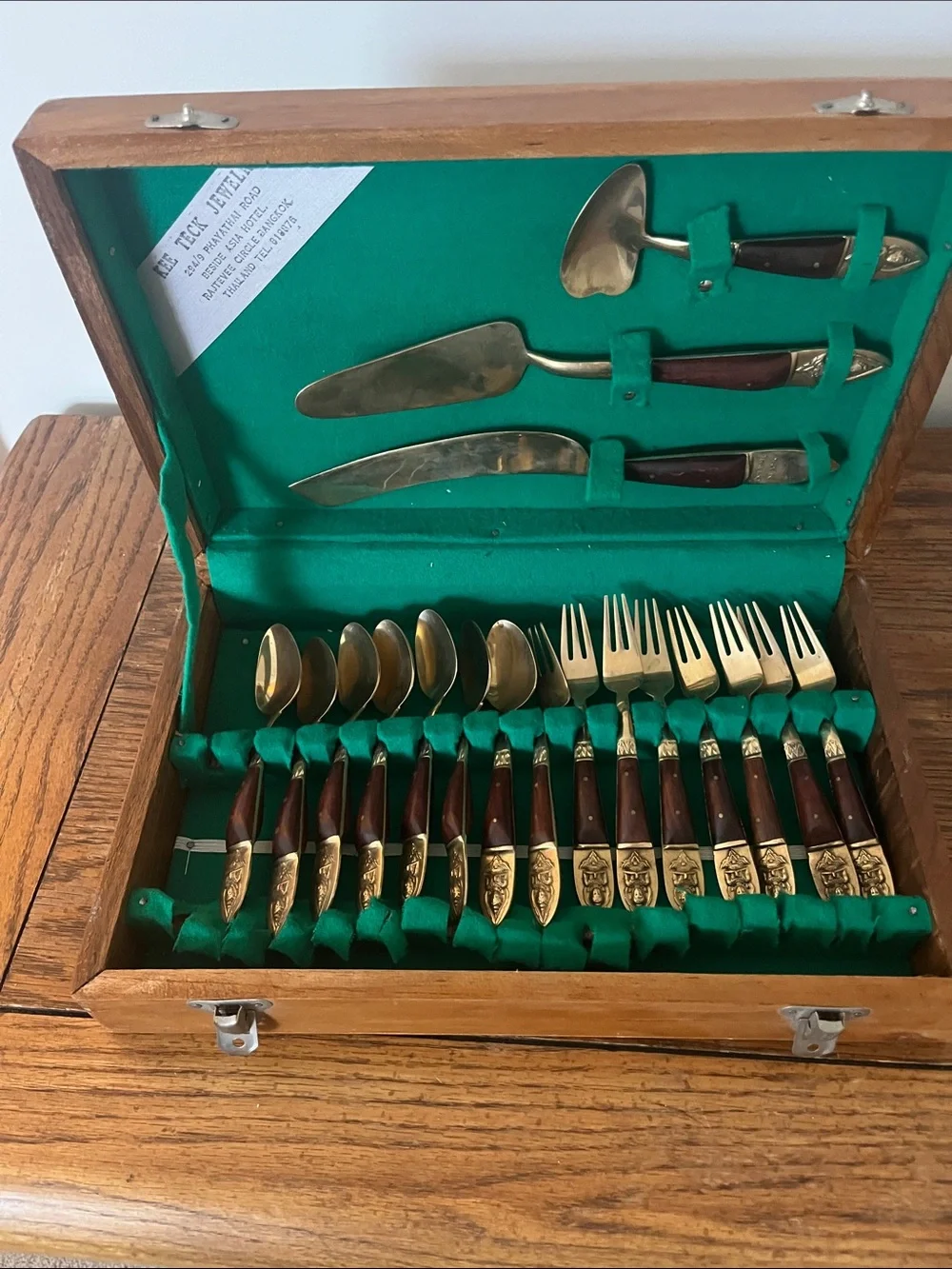 Vintage Kee Teck Jewelry Brass Flatware Set 29 Pieces in box, Thailand